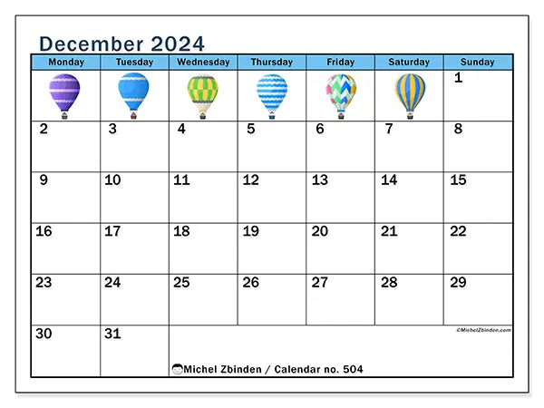 Free printable calendar no. 504 for December 2024. Week: Monday to Sunday.