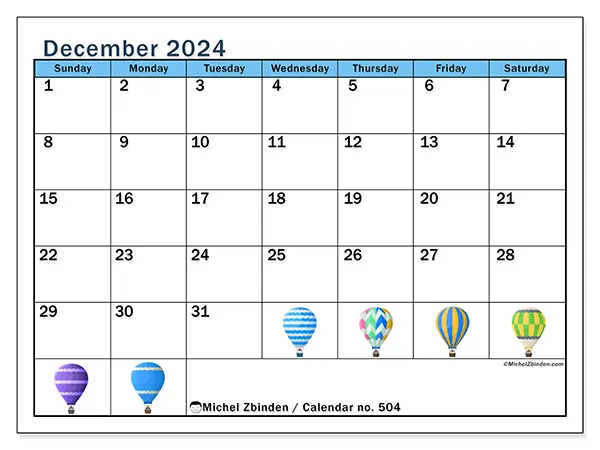Printable calendar no. 504 for December 2024. Week: Sunday to Saturday.