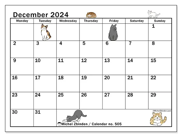 Free printable calendar no. 505 for December 2024. Week: Monday to Sunday.