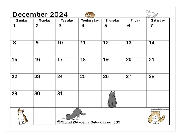 Free printable calendar no. 505 for December 2024. Week: Sunday to Saturday.