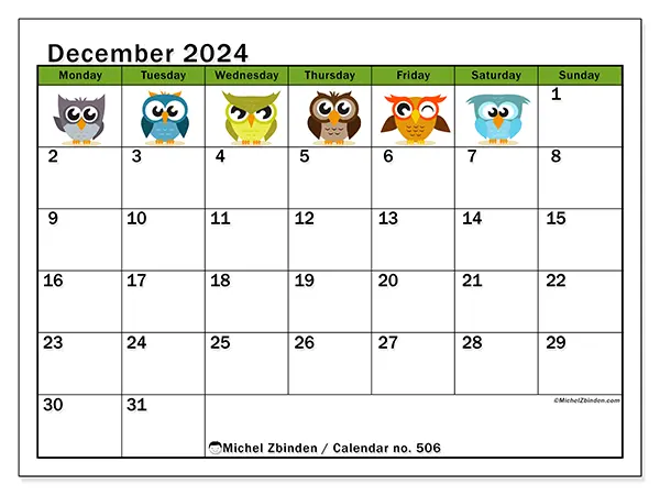 Free printable calendar no. 506 for December 2024. Week: Monday to Sunday.