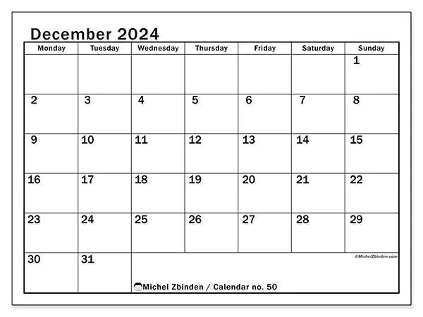 Free printable calendar no. 50 for December 2024. Week: Monday to Sunday.