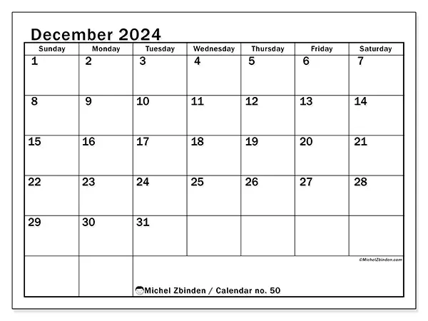 Free printable calendar no. 50 for December 2024. Week: Sunday to Saturday.