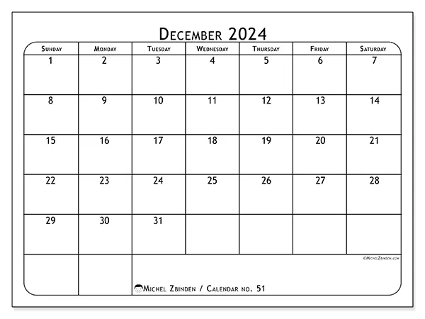 Free printable calendar no. 51 for December 2024. Week: Sunday to Saturday.