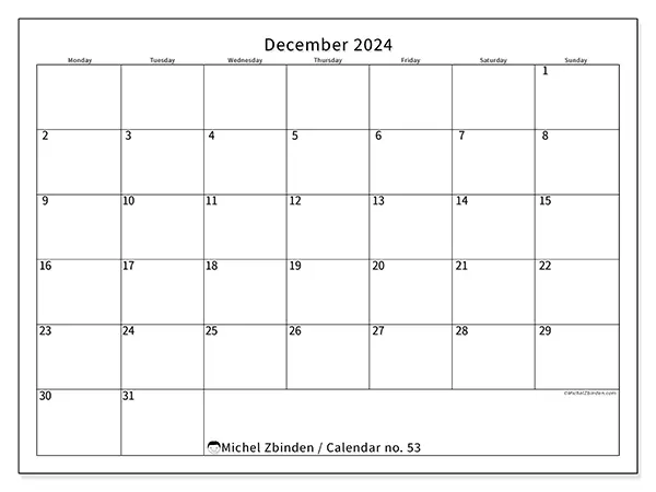 Free printable calendar no. 53 for December 2024. Week: Monday to Sunday.