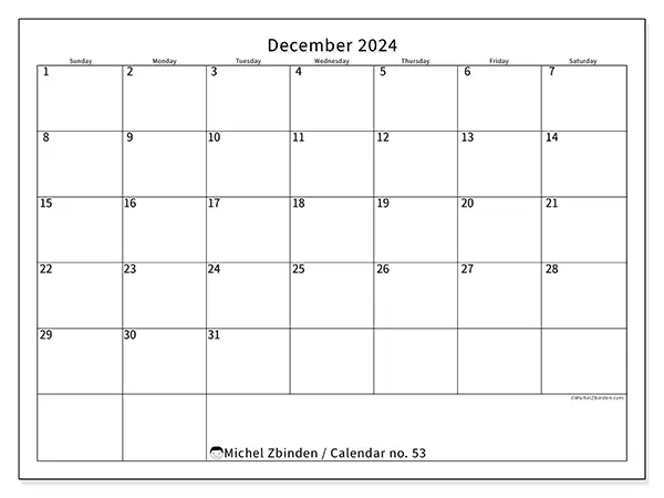 Free printable calendar no. 53 for December 2024. Week: Sunday to Saturday.
