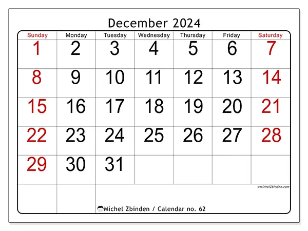 Free printable calendar no. 62 for December 2024. Week: Sunday to Saturday.