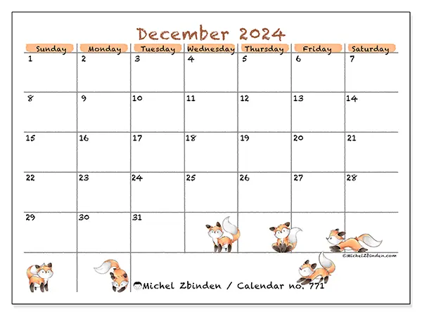 Free printable calendar no. 771 for December 2024. Week: Sunday to Saturday.