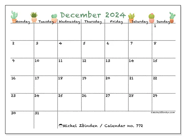 Free printable calendar no. 772 for December 2024. Week: Monday to Sunday.