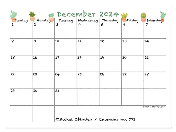 Free printable calendar no. 772 for December 2024. Week: Sunday to Saturday.