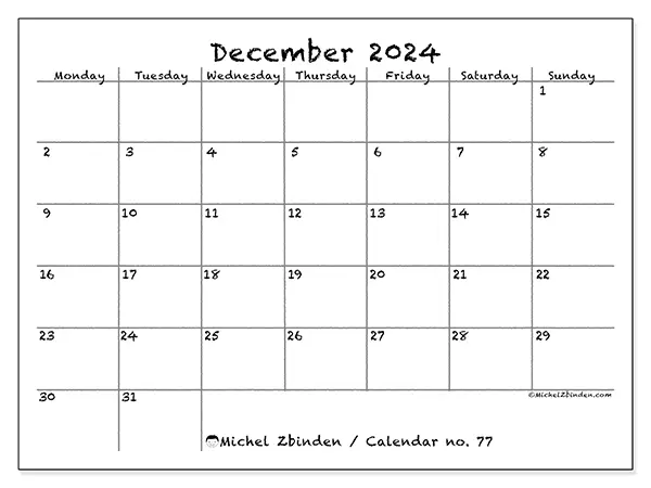 Free printable calendar no. 77 for December 2024. Week: Monday to Sunday.