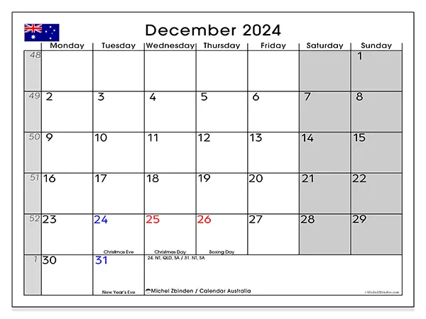 Free printable calendar Australia for December 2024. Week: Monday to Sunday.