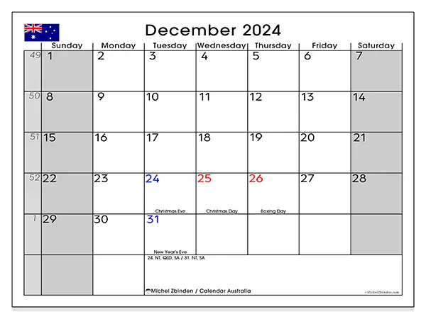 Free printable calendar Australia for December 2024. Week: Sunday to Saturday.