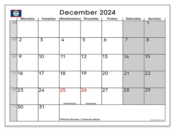 Printable calendar Belize, December 2024