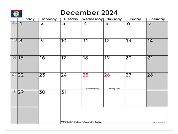 Free printable calendar Belize for December 2024. Week: Sunday to Saturday.