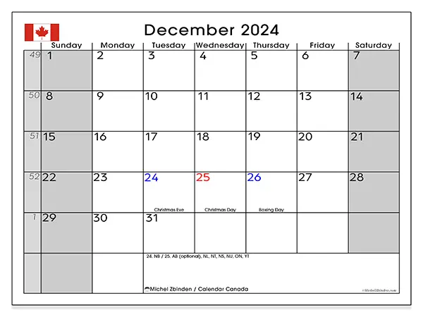 Printable calendar Canada, December 2024