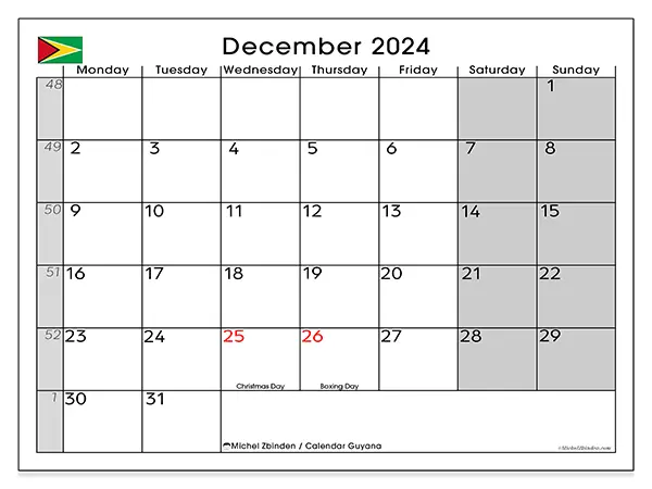 Printable calendar Guyana, December 2024