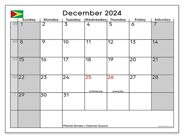 Free printable calendar Guyana for December 2024. Week: Sunday to Saturday.