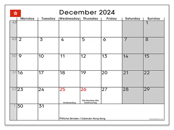 Printable calendar Hong Kong, December 2024