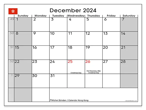 Free printable calendar Hong Kong for December 2024. Week: Sunday to Saturday.