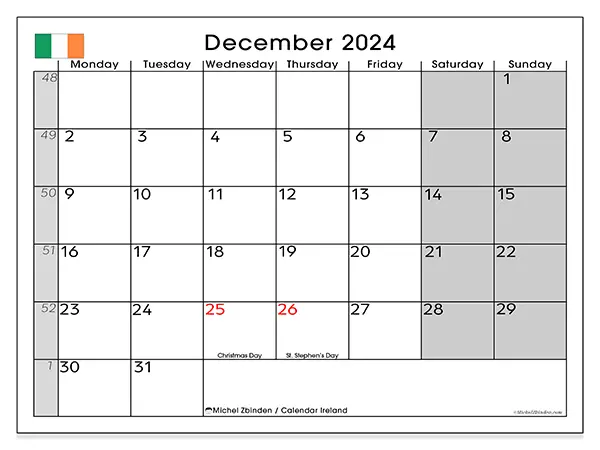 Free printable calendar Ireland for December 2024. Week: Monday to Sunday.