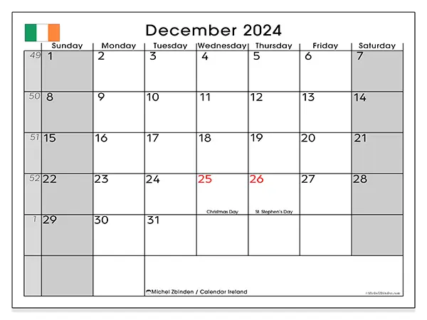 Free printable calendar Ireland for December 2024. Week: Sunday to Saturday.