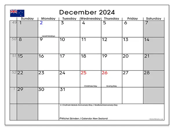 Free printable calendar New Zealand for December 2024. Week: Sunday to Saturday.