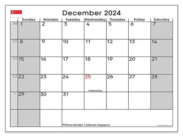 Free printable calendar Singapore for December 2024. Week: Sunday to Saturday.
