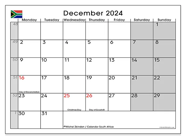 Free printable calendar South Africa for December 2024. Week: Monday to Sunday.