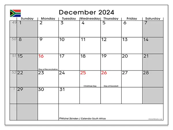 Free printable calendar South Africa for December 2024. Week: Sunday to Saturday.