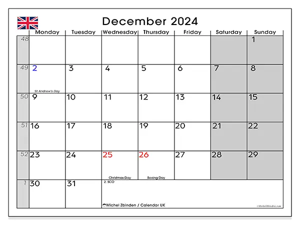 Free printable calendar UK for December 2024. Week: Monday to Sunday.