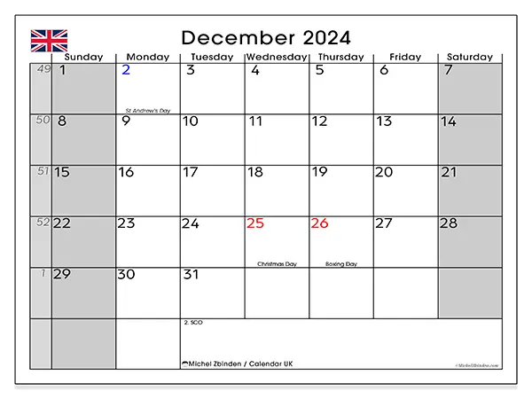 Free printable calendar UK for December 2024. Week: Sunday to Saturday.