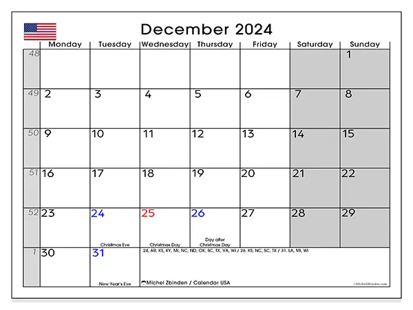 Free printable calendar USA for December 2024. Week: Monday to Sunday.