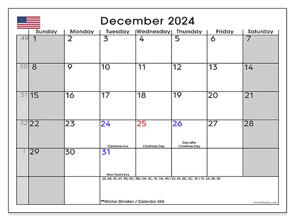 Free printable calendar USA for December 2024. Week: Sunday to Saturday.