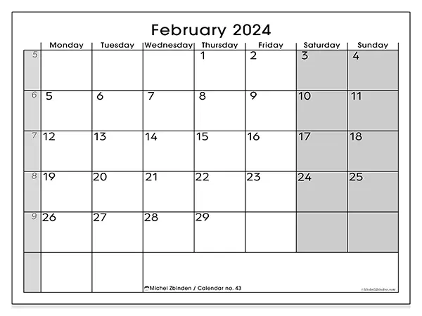 Free printable calendar n° 43, February 2025. Week:  Monday to Sunday