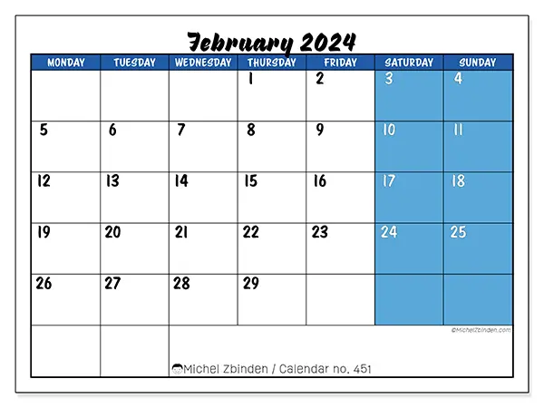 Free printable calendar n° 451, February 2025. Week:  Monday to Sunday