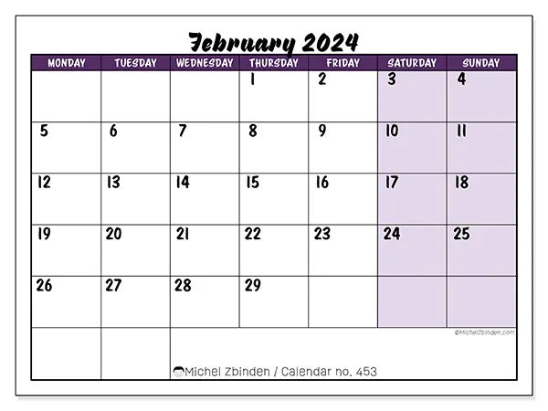 Free printable calendar n° 453, February 2025. Week:  Monday to Sunday