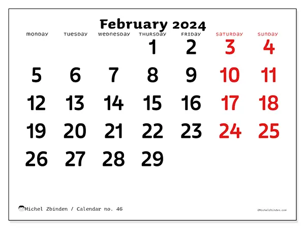 Free printable calendar no. 46, February 2025. Week:  Monday to Sunday