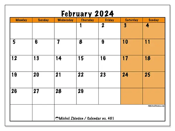 Free printable calendar no. 481, February 2025. Week:  Monday to Sunday