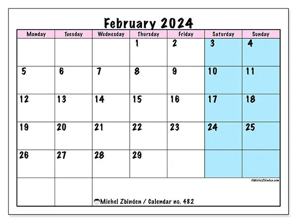 Free printable calendar no. 482, February 2025. Week:  Monday to Sunday