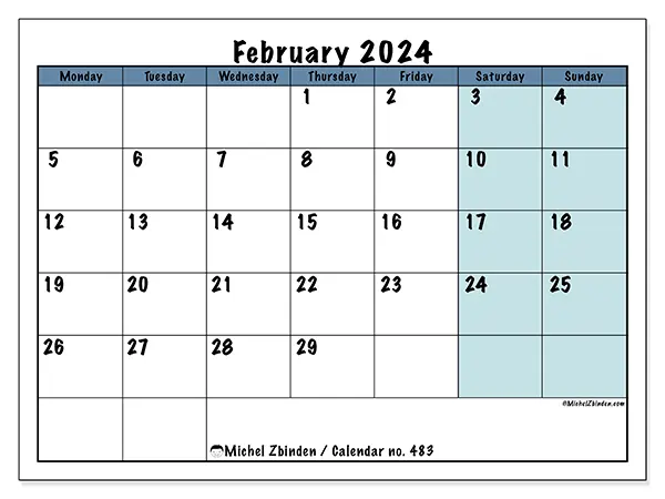 Free printable calendar no. 483, February 2025. Week:  Monday to Sunday