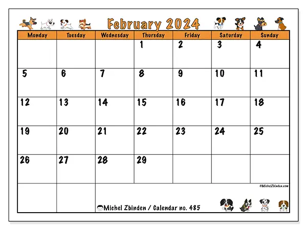 Free printable calendar no. 485, February 2025. Week:  Monday to Sunday