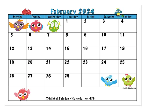 Free printable calendar no. 486, February 2025. Week:  Monday to Sunday
