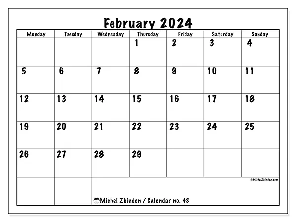 Free printable calendar no. 48, February 2025. Week:  Monday to Sunday