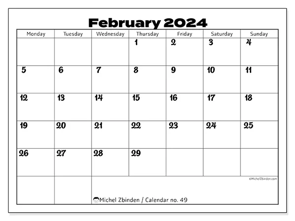Free printable calendar no. 49, February 2025. Week:  Monday to Sunday