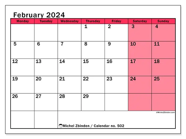 Free printable calendar no. 502, February 2025. Week:  Monday to Sunday