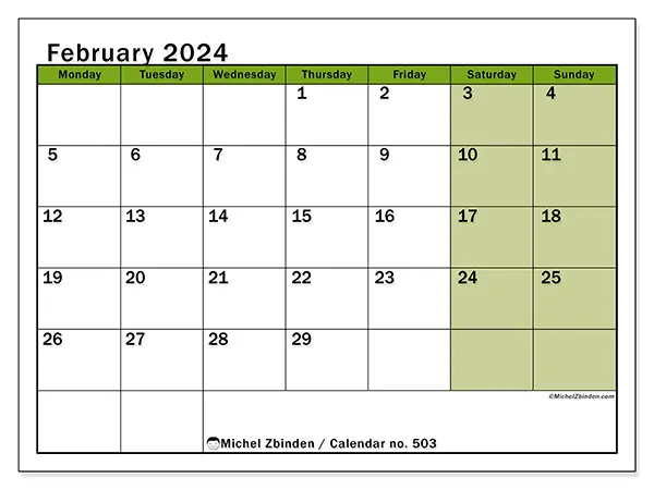 Free printable calendar no. 503, February 2025. Week:  Monday to Sunday