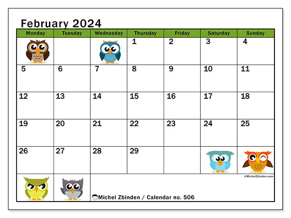 Free printable calendar no. 506, February 2025. Week:  Monday to Sunday