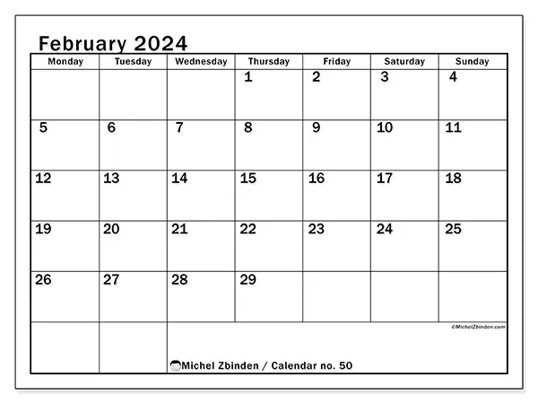 Free printable calendar no. 50 for February 2024. Week: Monday to Sunday.