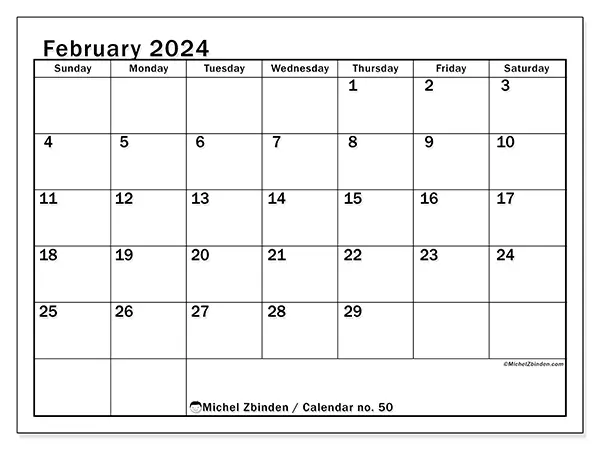 Free printable calendar no. 50 for February 2024. Week: Sunday to Saturday.